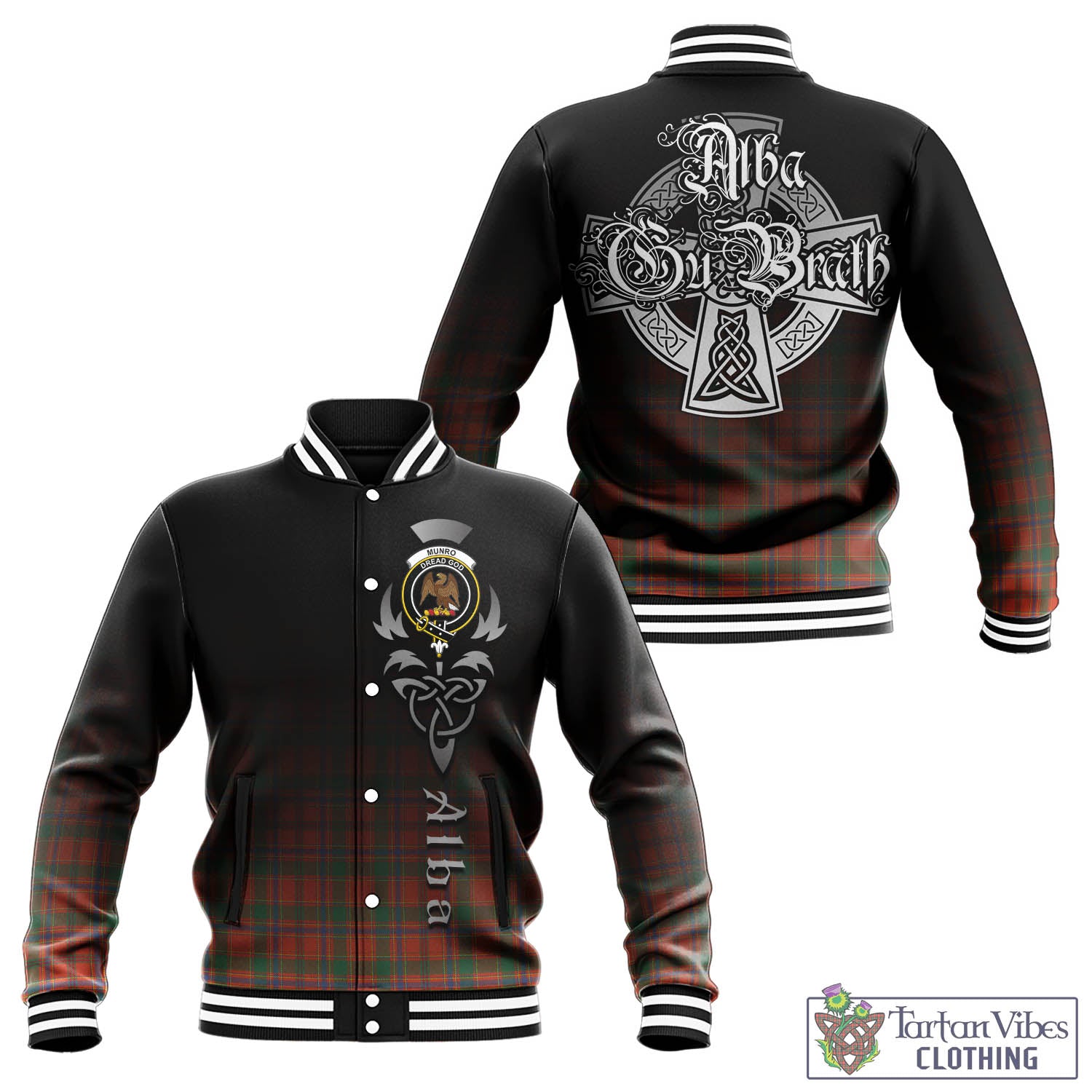 Tartan Vibes Clothing Munro Ancient Tartan Baseball Jacket Featuring Alba Gu Brath Family Crest Celtic Inspired