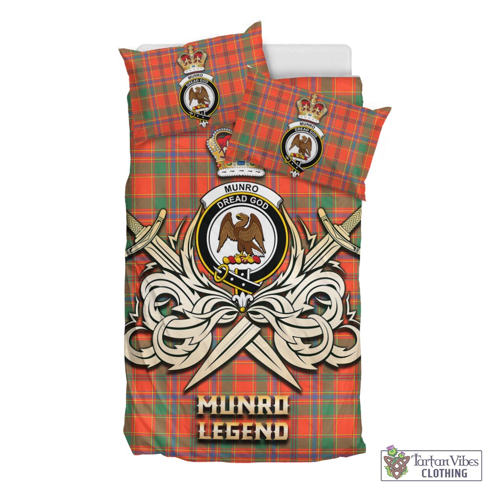 Tartan Vibes Clothing Munro Ancient Tartan Bedding Set with Clan Crest and the Golden Sword of Courageous Legacy