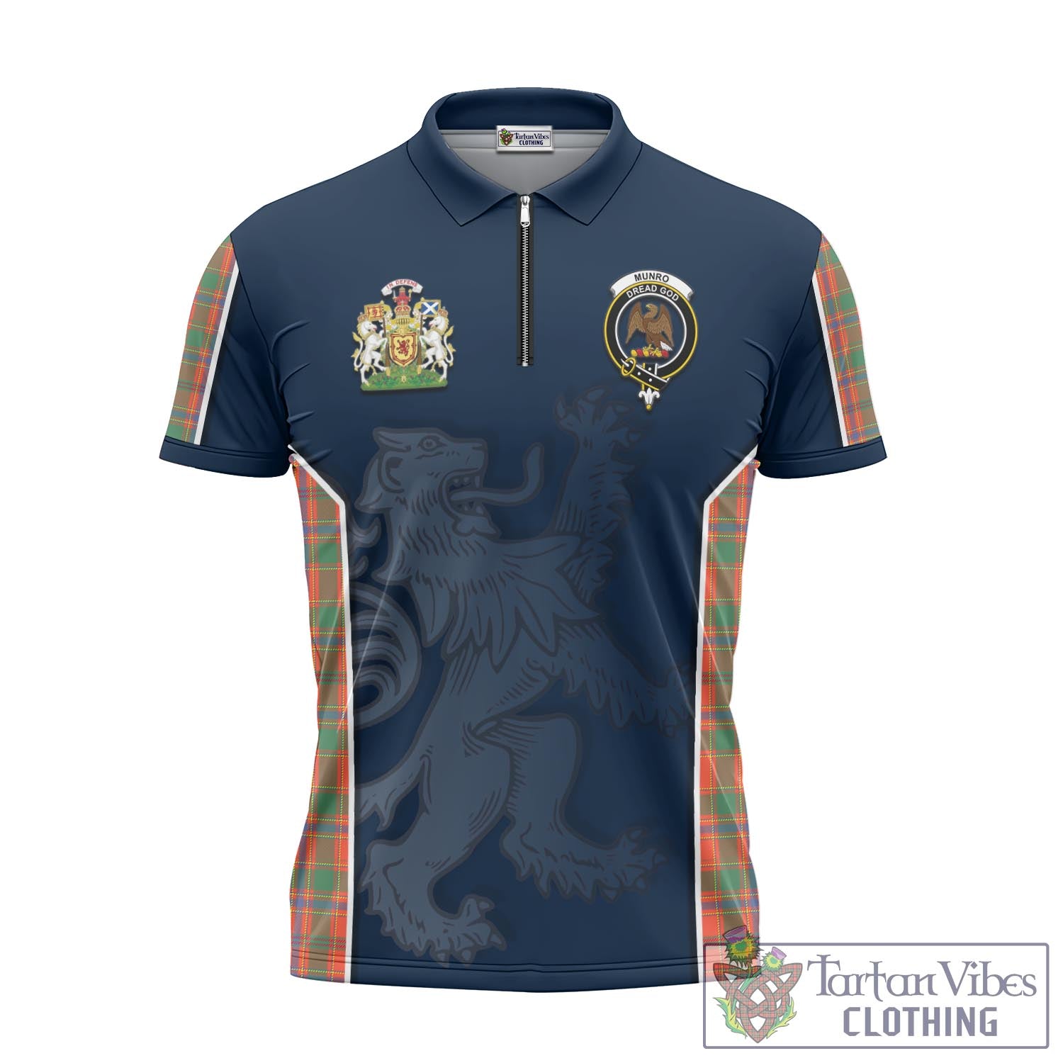 Tartan Vibes Clothing Munro Ancient Tartan Zipper Polo Shirt with Family Crest and Lion Rampant Vibes Sport Style