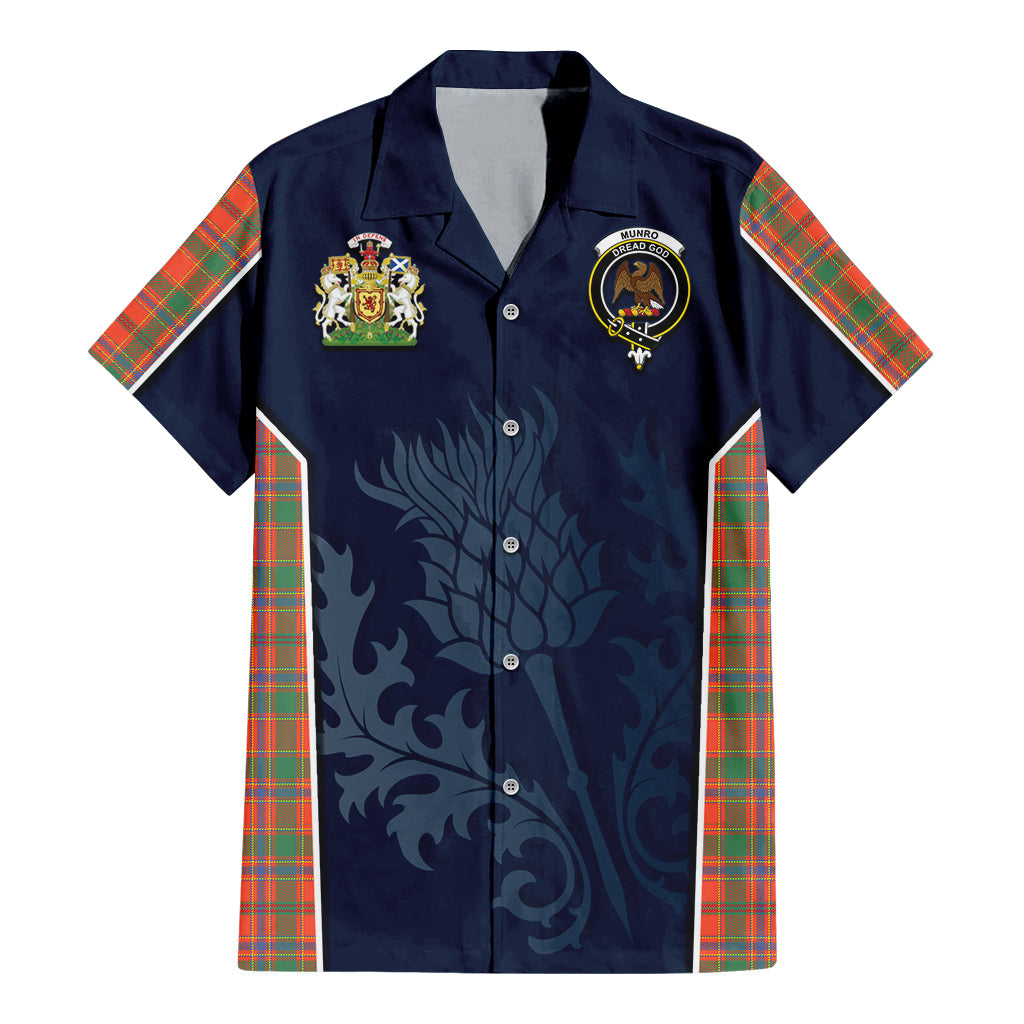 Tartan Vibes Clothing Munro Ancient Tartan Short Sleeve Button Up Shirt with Family Crest and Scottish Thistle Vibes Sport Style