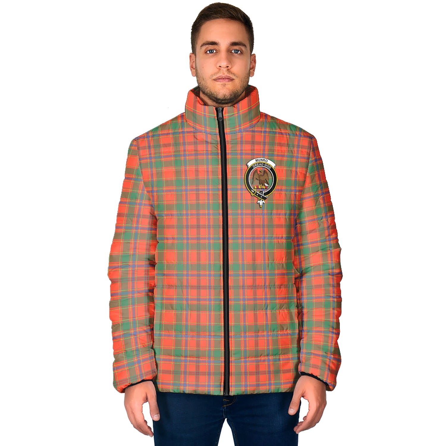 Munro Ancient Tartan Padded Jacket with Family Crest - Tartan Vibes Clothing