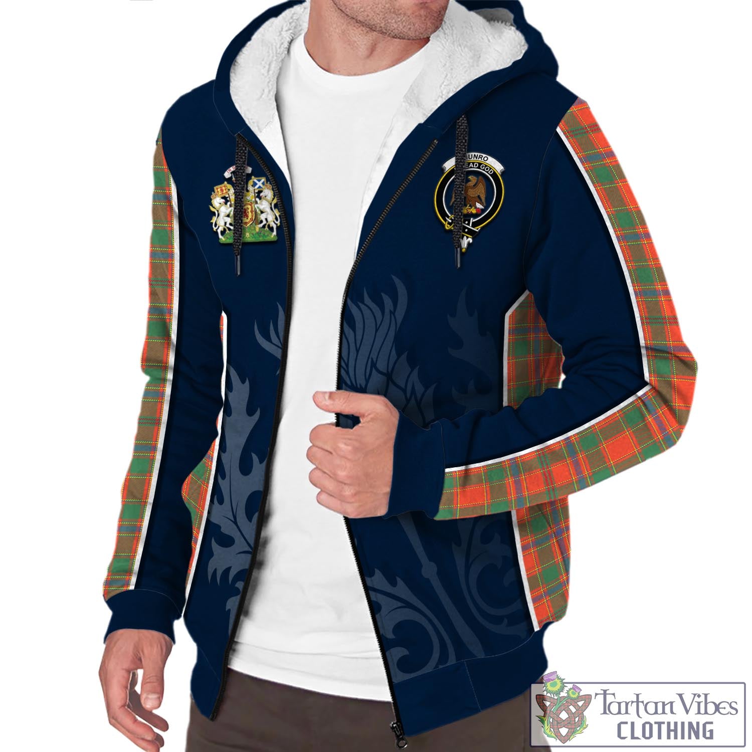 Tartan Vibes Clothing Munro Ancient Tartan Sherpa Hoodie with Family Crest and Scottish Thistle Vibes Sport Style