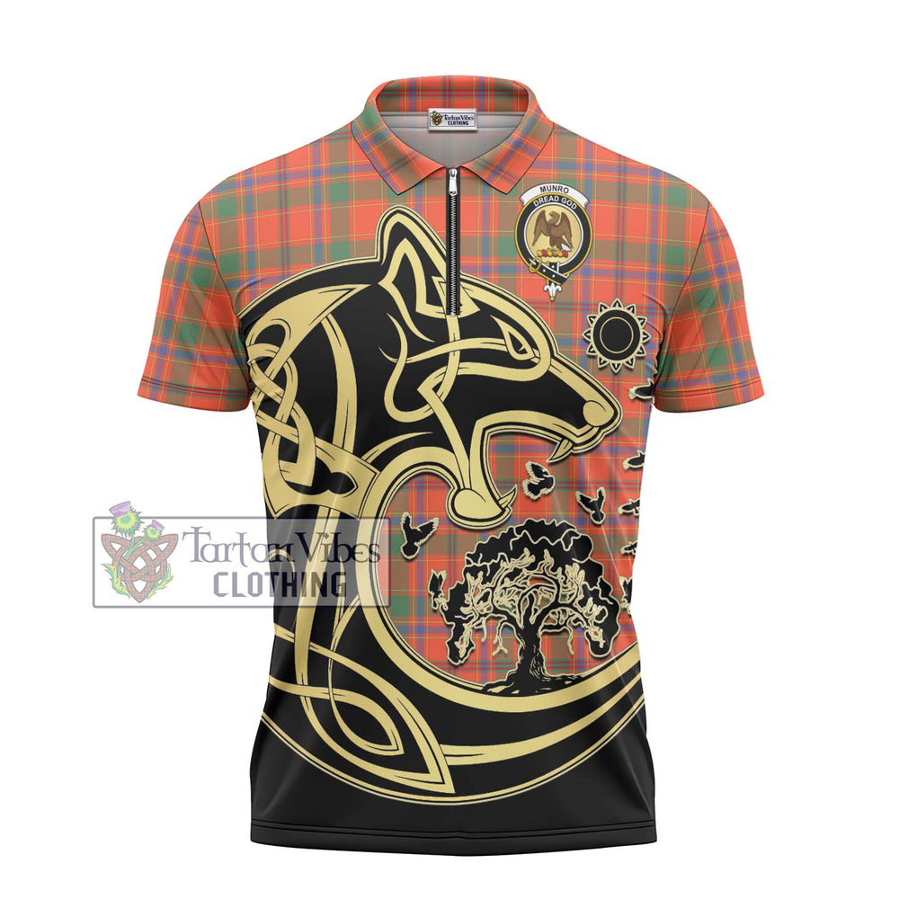 Munro Ancient Tartan Zipper Polo Shirt with Family Crest Celtic Wolf Style - Tartanvibesclothing Shop