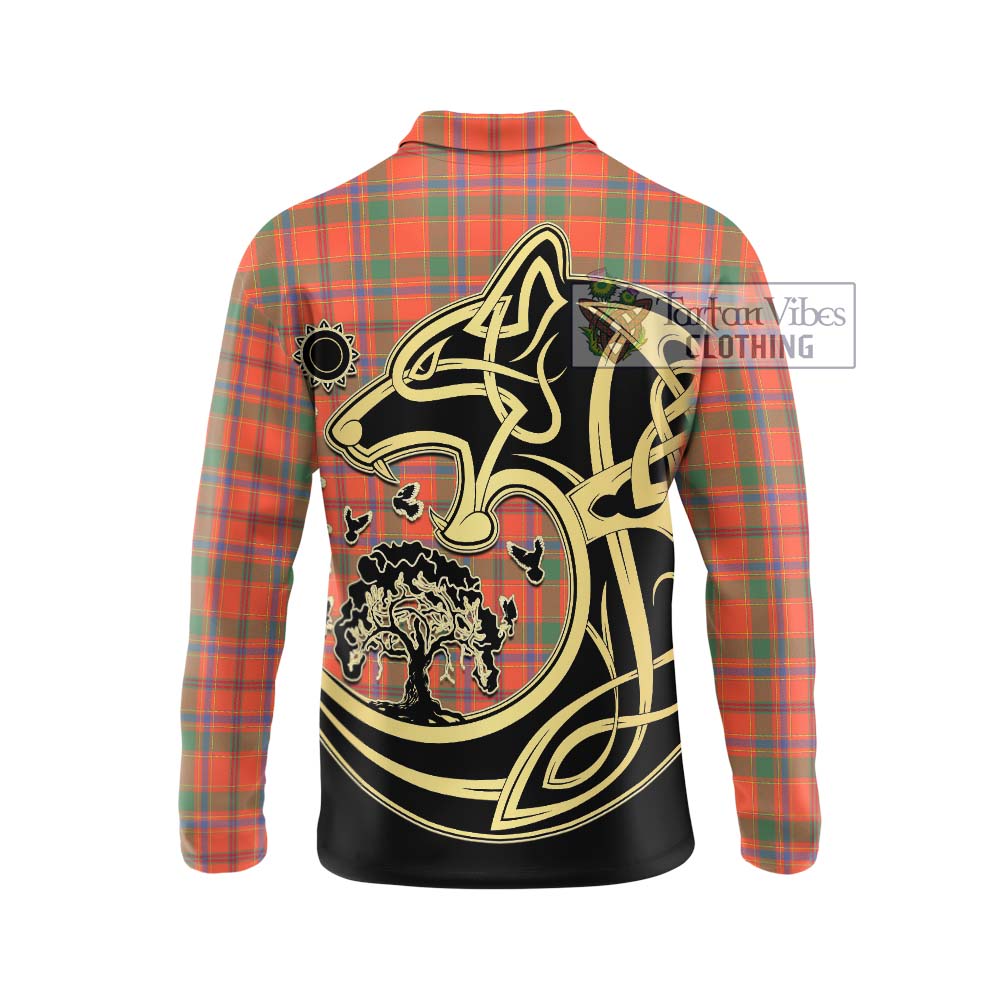 Munro Ancient Tartan Long Sleeve Polo Shirt with Family Crest Celtic Wolf Style - Tartanvibesclothing Shop