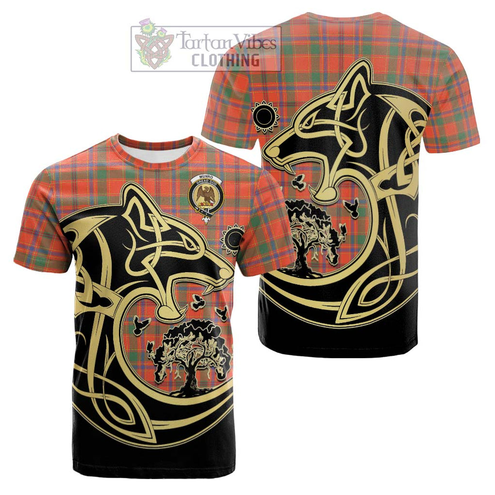 Tartan Vibes Clothing Munro Ancient Tartan Cotton T-shirt with Family Crest Celtic Wolf Style