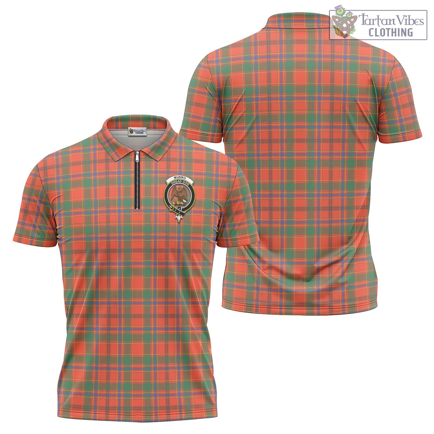 Tartan Vibes Clothing Munro Ancient Tartan Zipper Polo Shirt with Family Crest