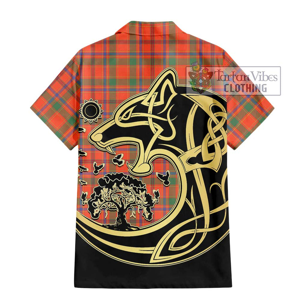 Munro Ancient Tartan Short Sleeve Button Shirt with Family Crest Celtic Wolf Style - Tartan Vibes Clothing