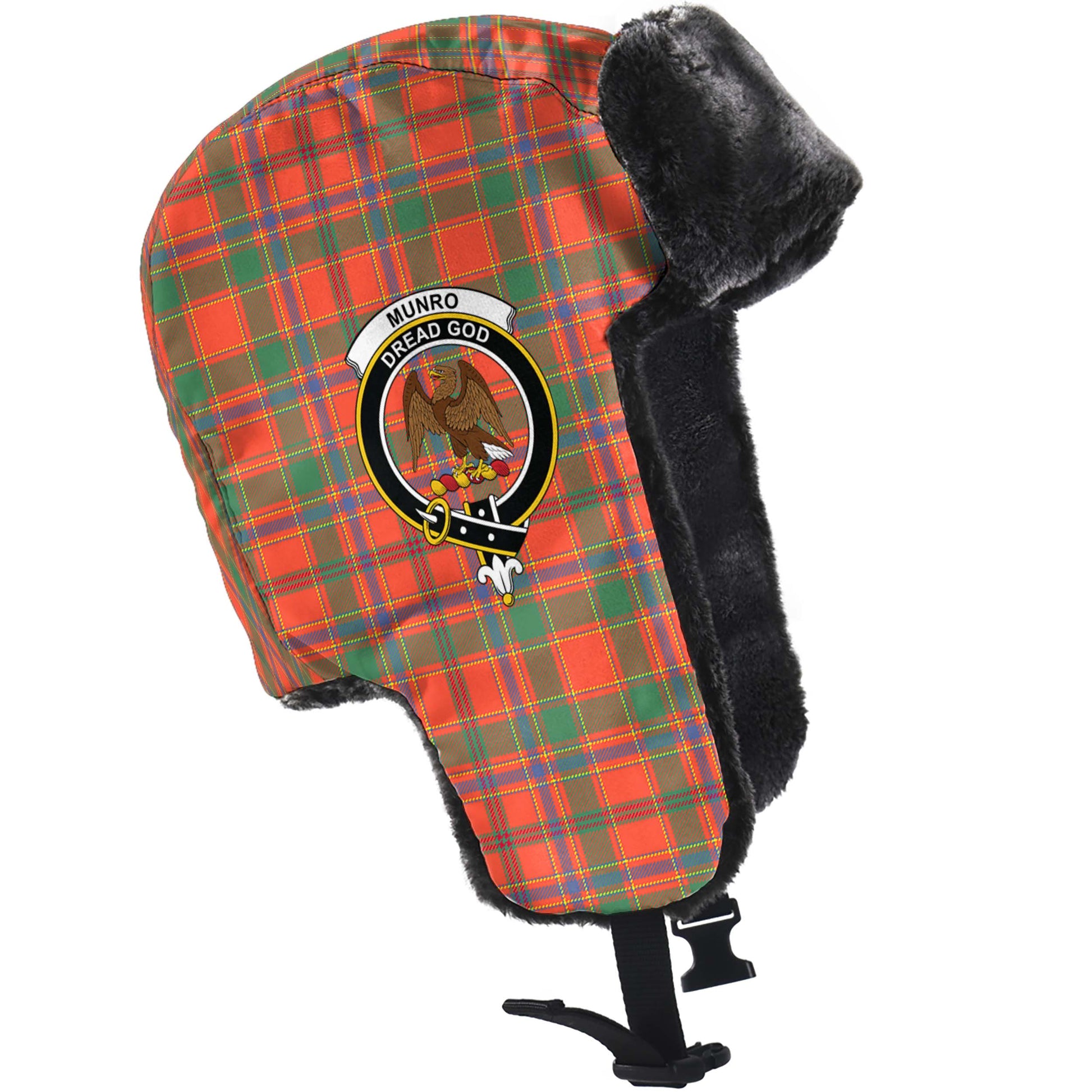 Munro Ancient Tartan Winter Trapper Hat with Family Crest - Tartanvibesclothing