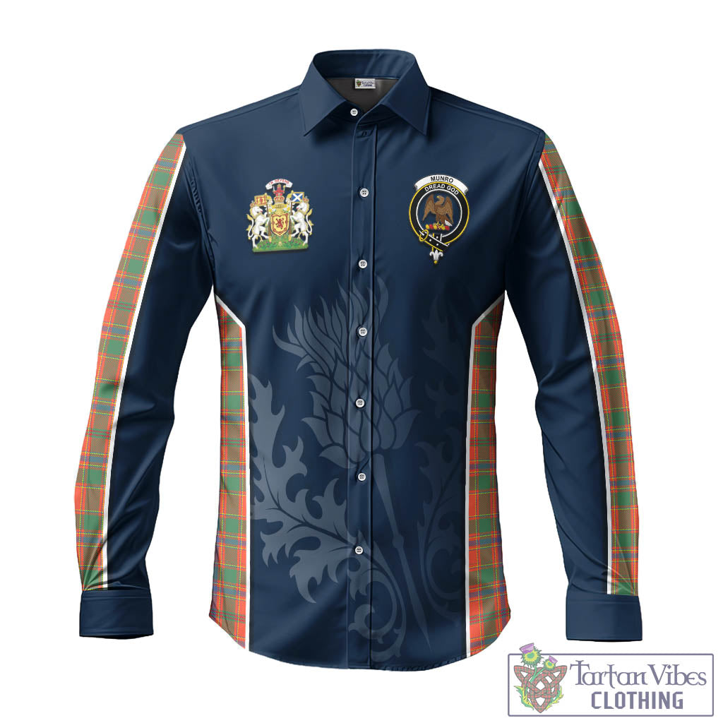 Tartan Vibes Clothing Munro Ancient Tartan Long Sleeve Button Up Shirt with Family Crest and Scottish Thistle Vibes Sport Style