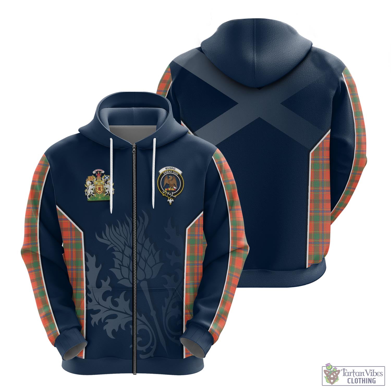 Tartan Vibes Clothing Munro Ancient Tartan Hoodie with Family Crest and Scottish Thistle Vibes Sport Style