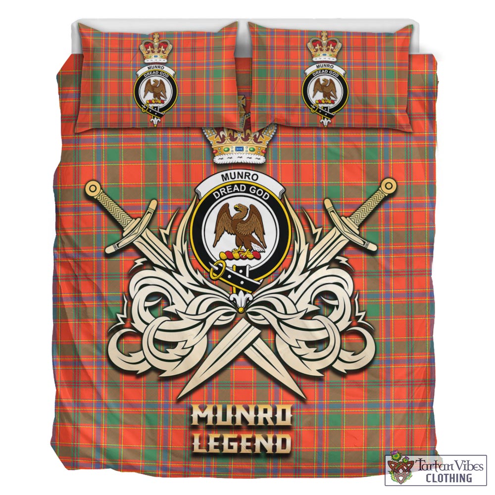 Tartan Vibes Clothing Munro Ancient Tartan Bedding Set with Clan Crest and the Golden Sword of Courageous Legacy