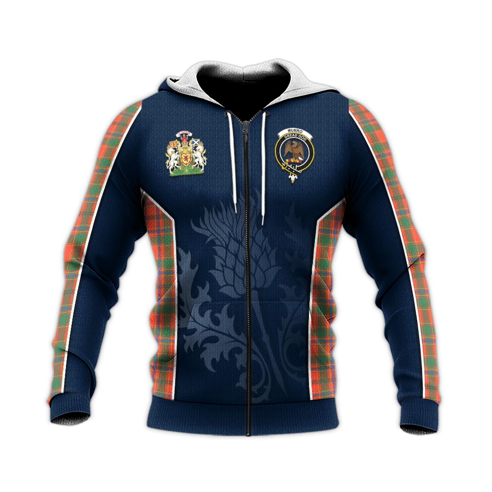 Tartan Vibes Clothing Munro Ancient Tartan Knitted Hoodie with Family Crest and Scottish Thistle Vibes Sport Style