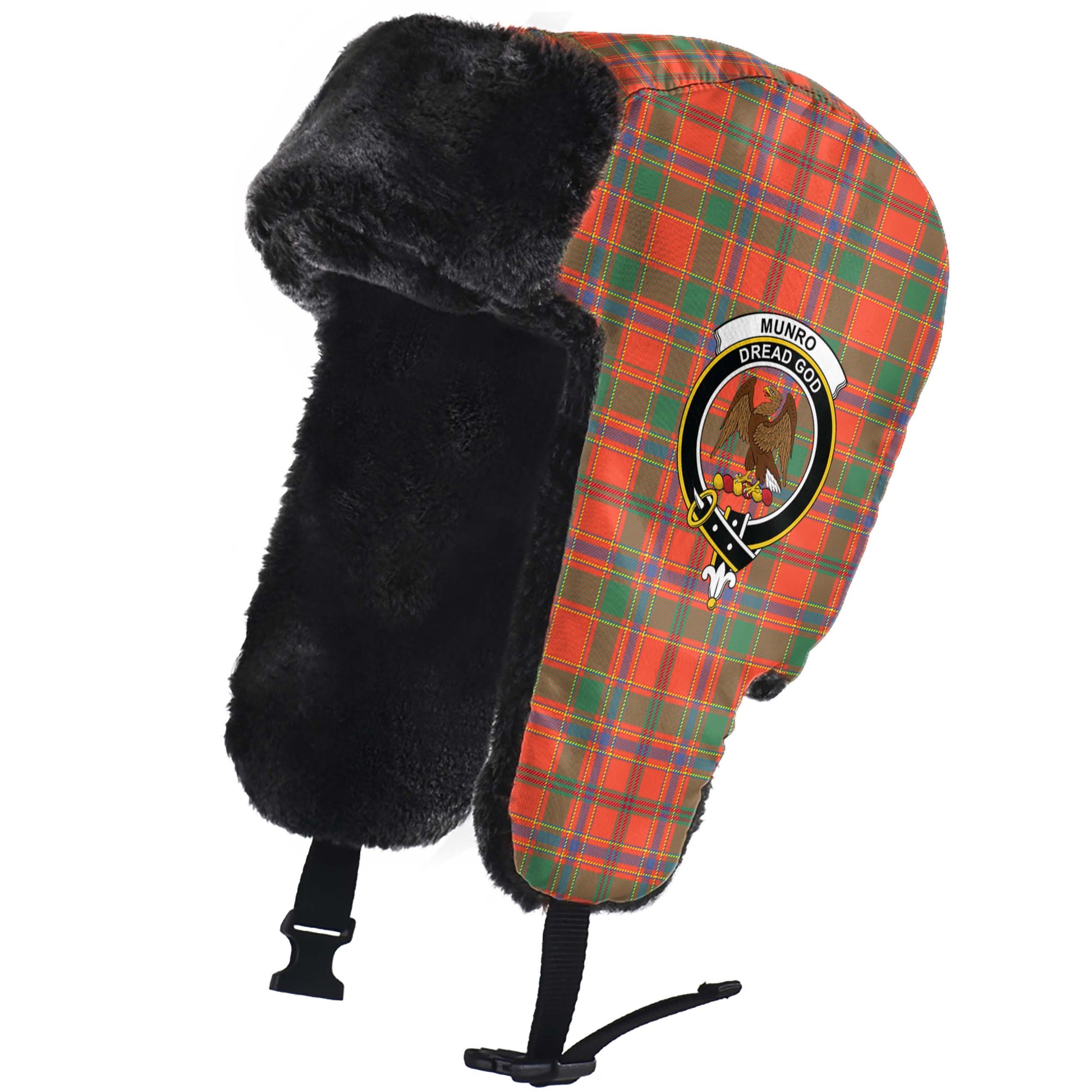 Munro Ancient Tartan Winter Trapper Hat with Family Crest - Tartanvibesclothing