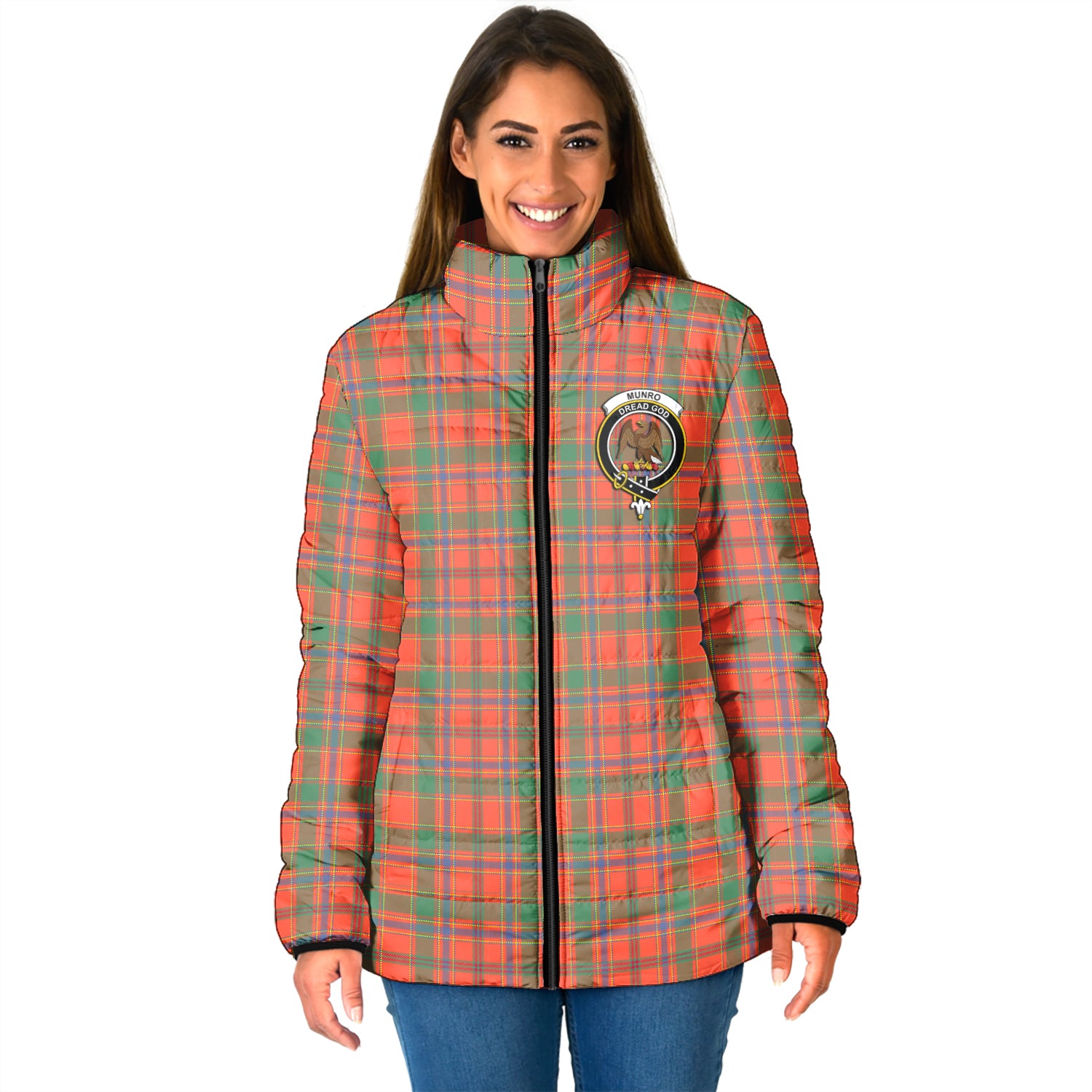 Munro Ancient Tartan Padded Jacket with Family Crest - Tartan Vibes Clothing