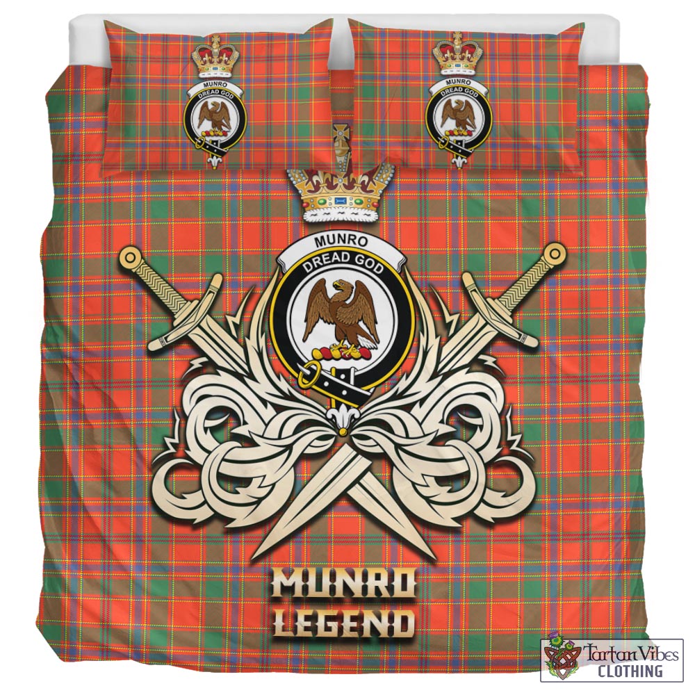 Tartan Vibes Clothing Munro Ancient Tartan Bedding Set with Clan Crest and the Golden Sword of Courageous Legacy