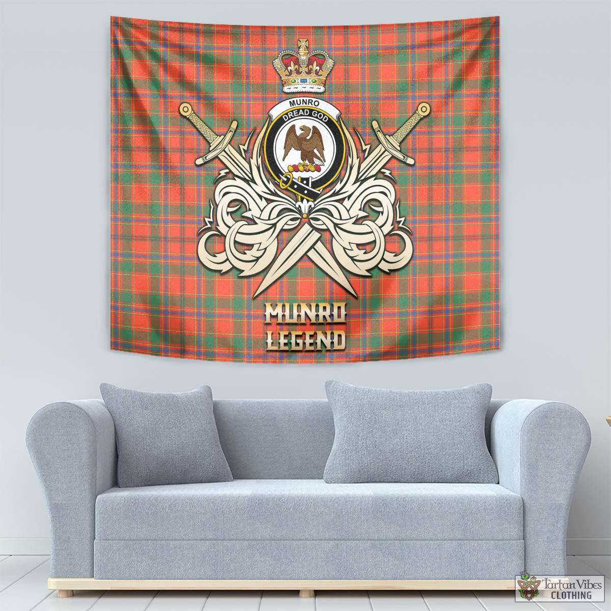 Tartan Vibes Clothing Munro Ancient Tartan Tapestry with Clan Crest and the Golden Sword of Courageous Legacy