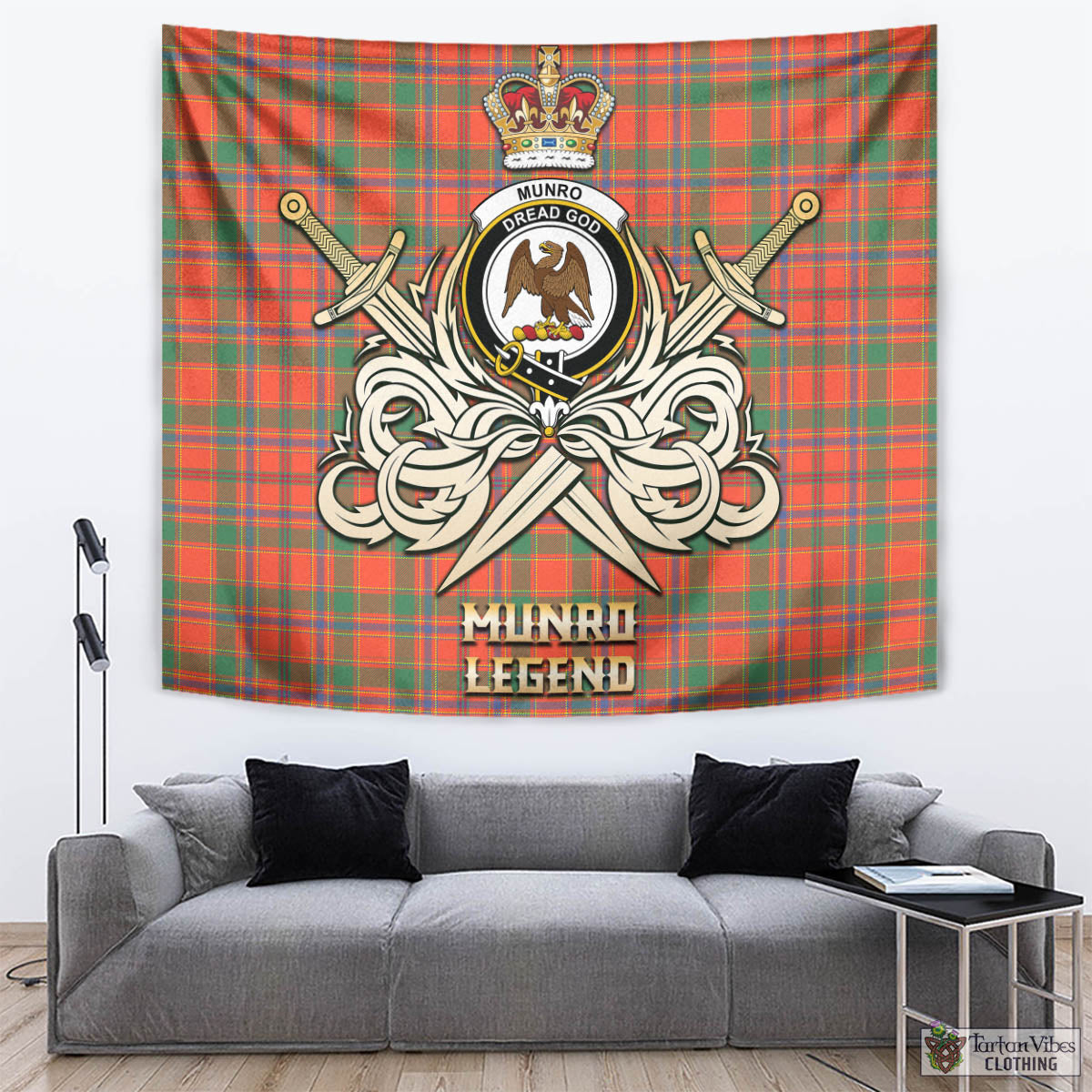 Tartan Vibes Clothing Munro Ancient Tartan Tapestry with Clan Crest and the Golden Sword of Courageous Legacy