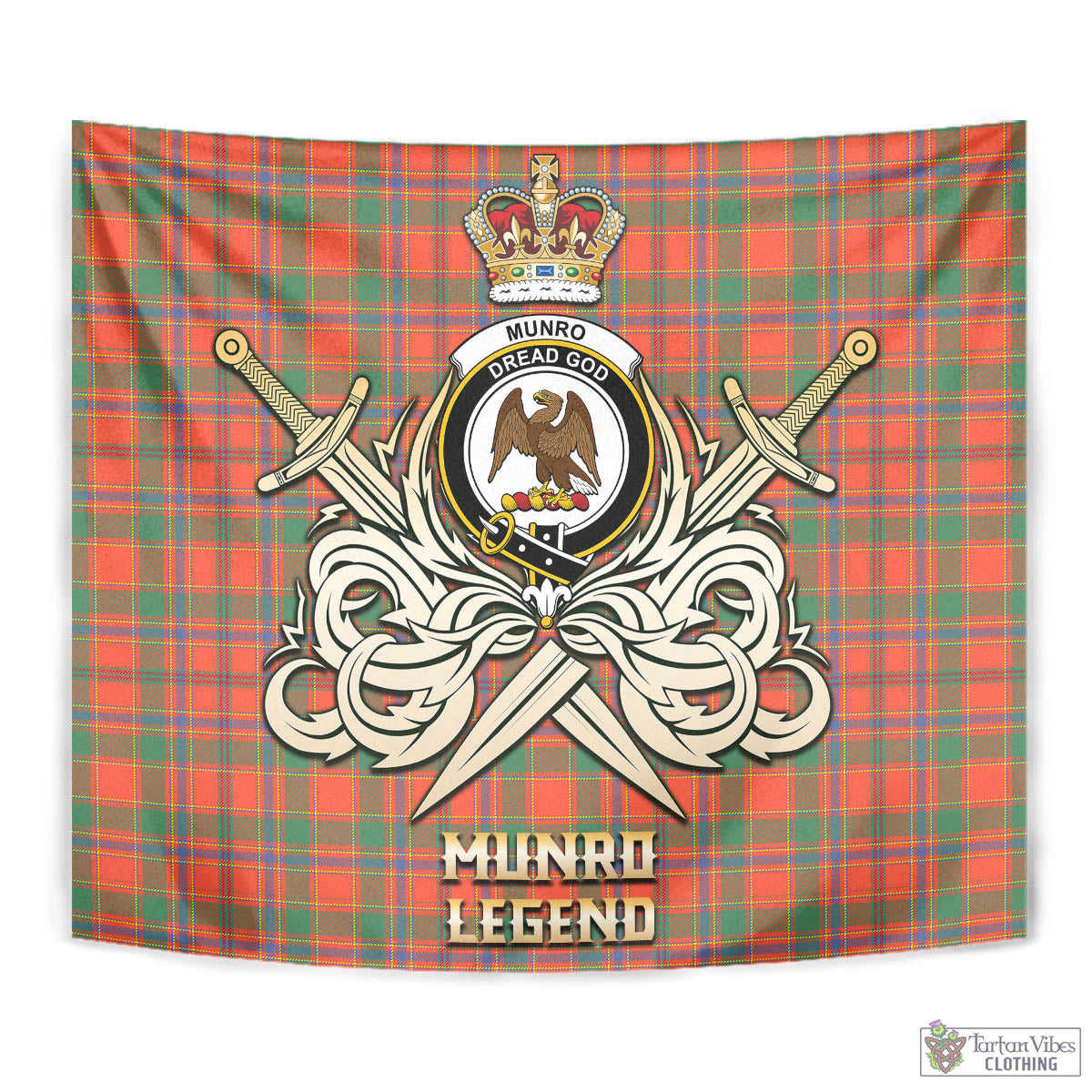 Tartan Vibes Clothing Munro Ancient Tartan Tapestry with Clan Crest and the Golden Sword of Courageous Legacy