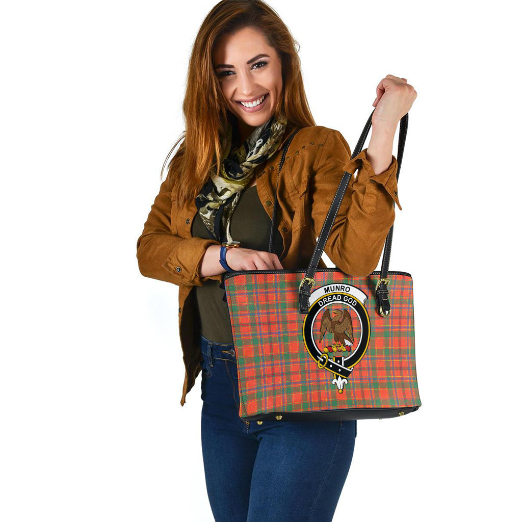 Munro Ancient Tartan Leather Tote Bag with Family Crest - Tartan Vibes Clothing