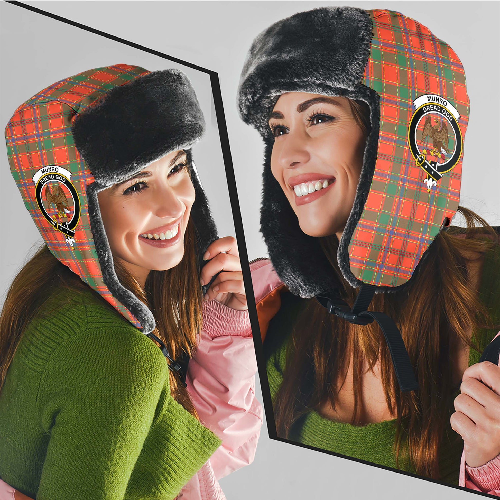 Munro Ancient Tartan Winter Trapper Hat with Family Crest - Tartanvibesclothing