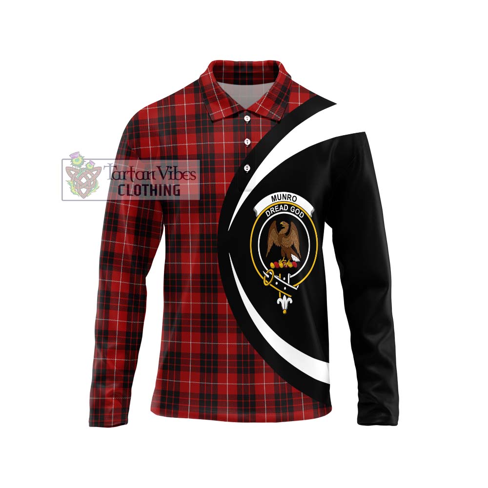 Munro Black and Red Tartan Long Sleeve Polo Shirt with Family Crest Circle Style Unisex - Tartan Vibes Clothing