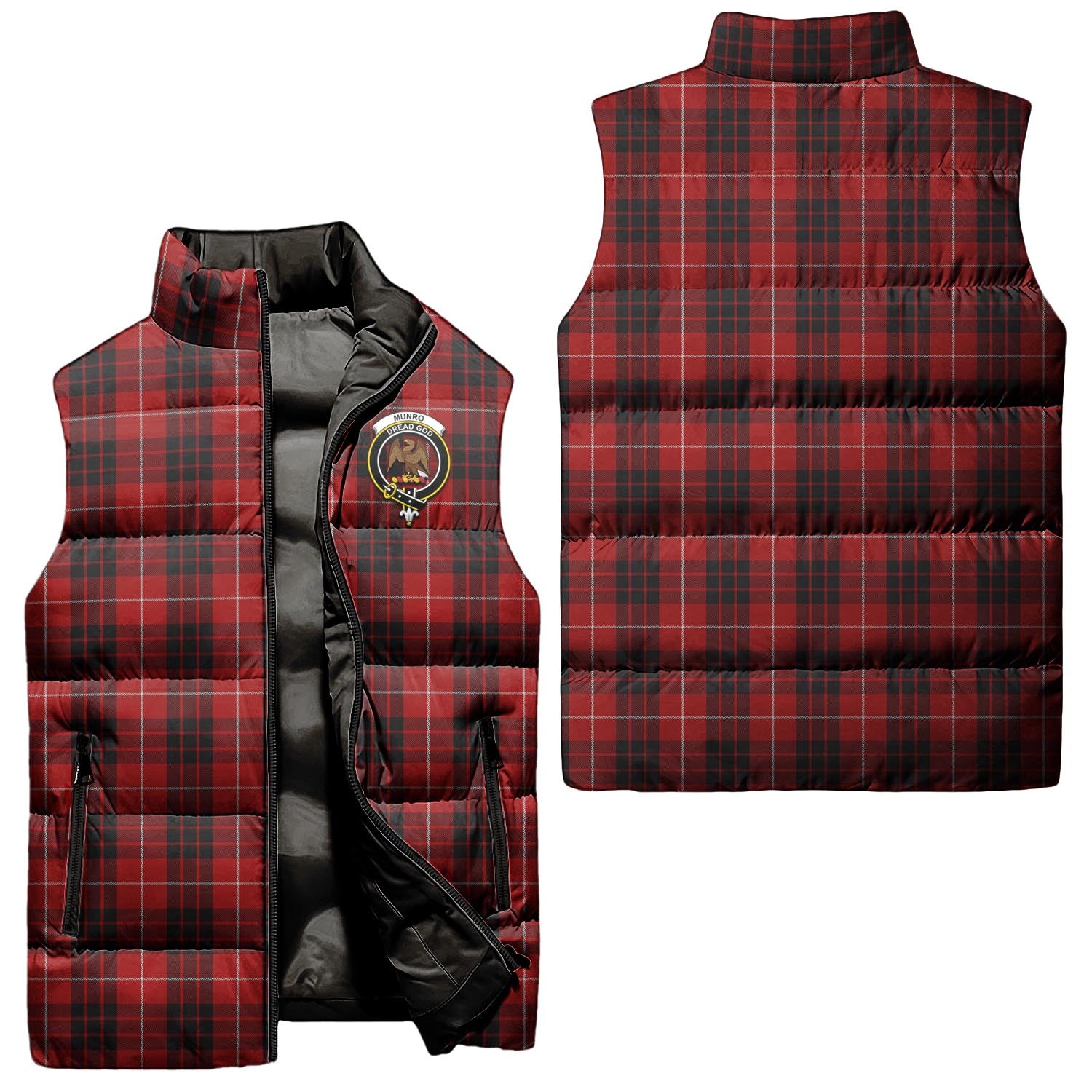 Munro Black and Red Tartan Sleeveless Puffer Jacket with Family Crest Unisex - Tartanvibesclothing