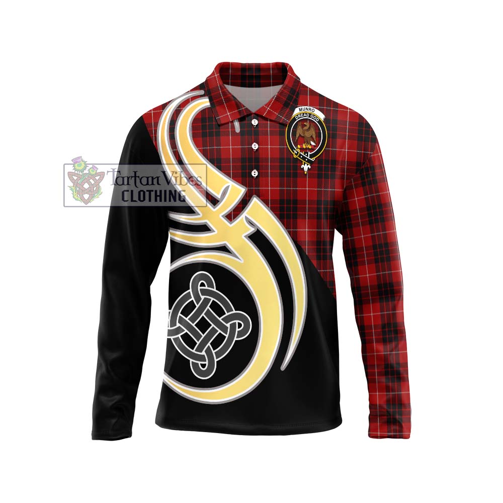 Munro Black and Red Tartan Long Sleeve Polo Shirt with Family Crest and Celtic Symbol Style Unisex - Tartan Vibes Clothing