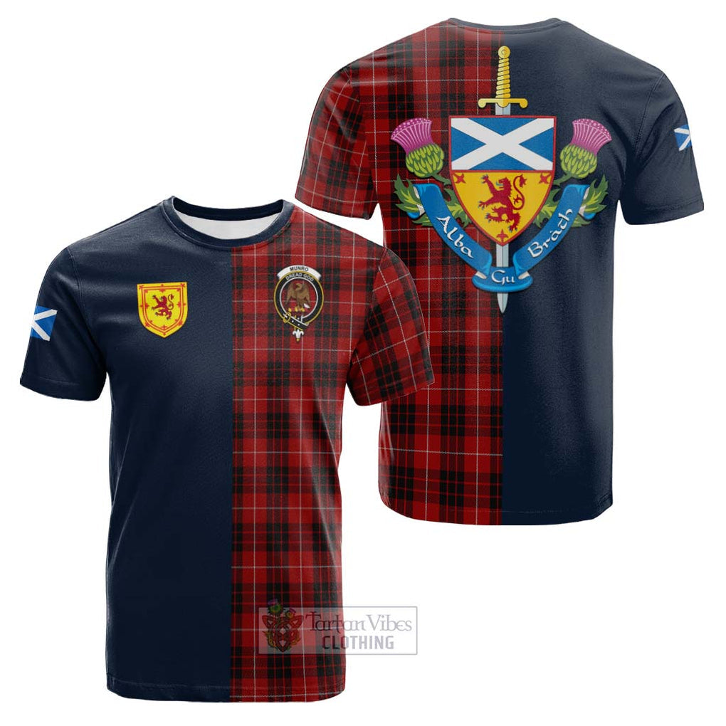 Tartan Vibes Clothing Munro Black and Red Tartan Cotton T-shirt with Scottish Lion Royal Arm Half Style