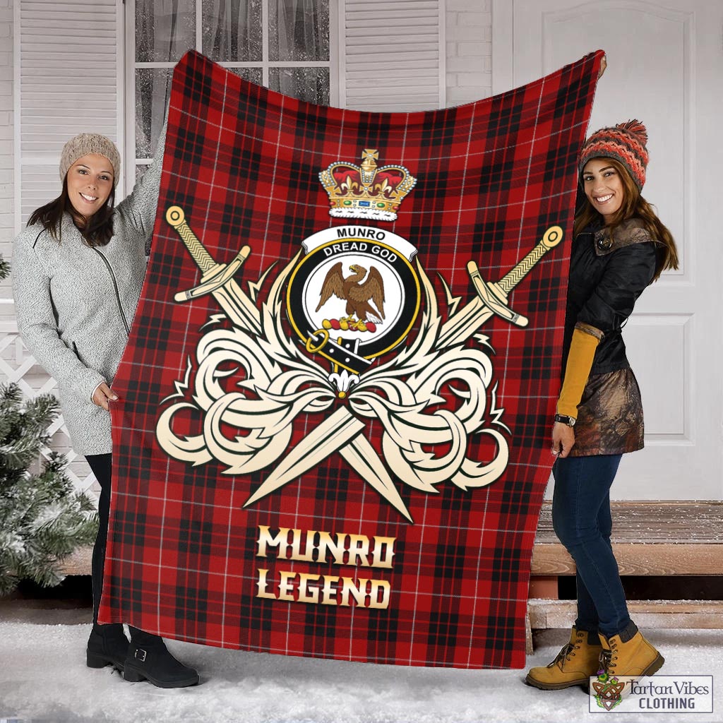 Tartan Vibes Clothing Munro Black and Red Tartan Blanket with Clan Crest and the Golden Sword of Courageous Legacy