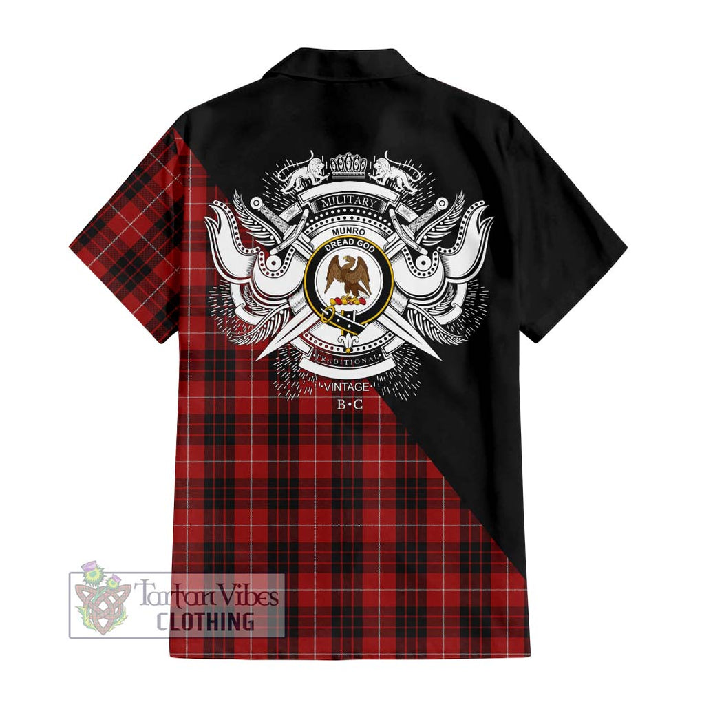 Munro Black and Red Tartan Short Sleeve Button Shirt with Family Crest and Military Logo Style - Tartanvibesclothing Shop