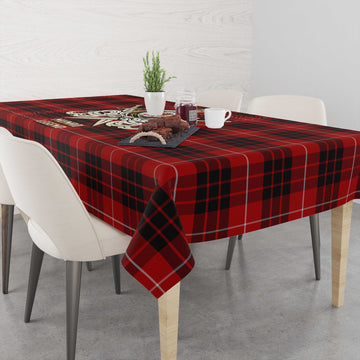 Munro Black and Red Tartan Tablecloth with Clan Crest and the Golden Sword of Courageous Legacy