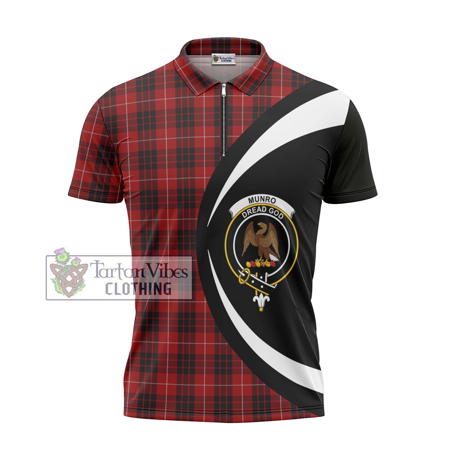 Tartan Vibes Clothing Munro Black and Red Tartan Zipper Polo Shirt with Family Crest Circle Style