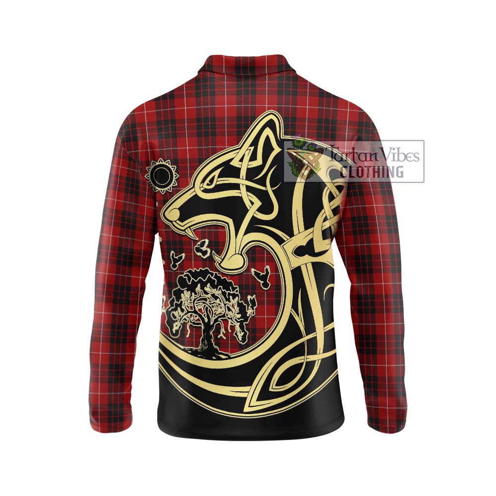 Munro Black and Red Tartan Long Sleeve Polo Shirt with Family Crest Celtic Wolf Style - Tartanvibesclothing Shop