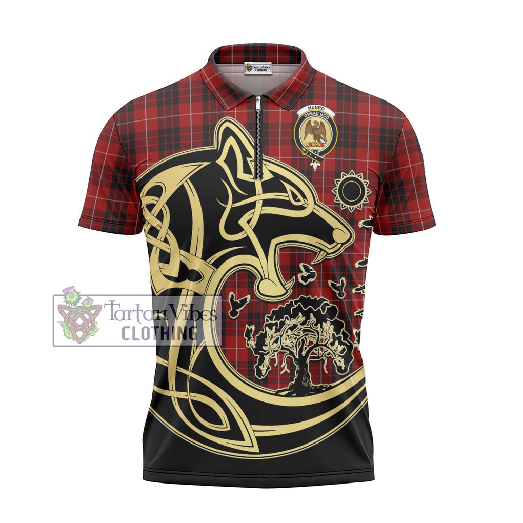 Munro Black and Red Tartan Zipper Polo Shirt with Family Crest Celtic Wolf Style - Tartanvibesclothing Shop