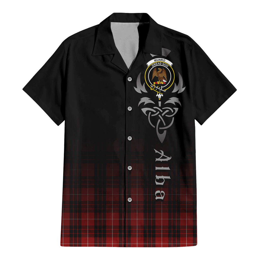 Tartan Vibes Clothing Munro Black and Red Tartan Short Sleeve Button Up Featuring Alba Gu Brath Family Crest Celtic Inspired