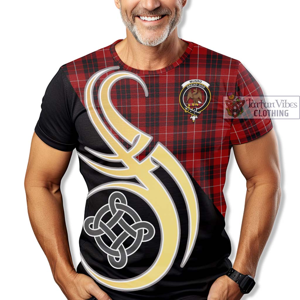 Tartan Vibes Clothing Munro Black and Red Tartan T-Shirt with Family Crest and Celtic Symbol Style