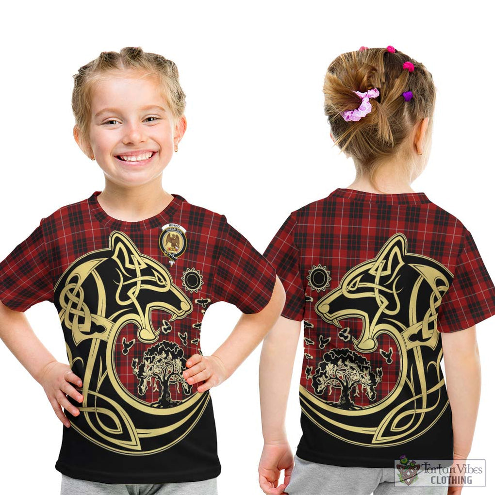 Munro Black and Red Tartan Kid T-Shirt with Family Crest Celtic Wolf Style - Tartan Vibes Clothing