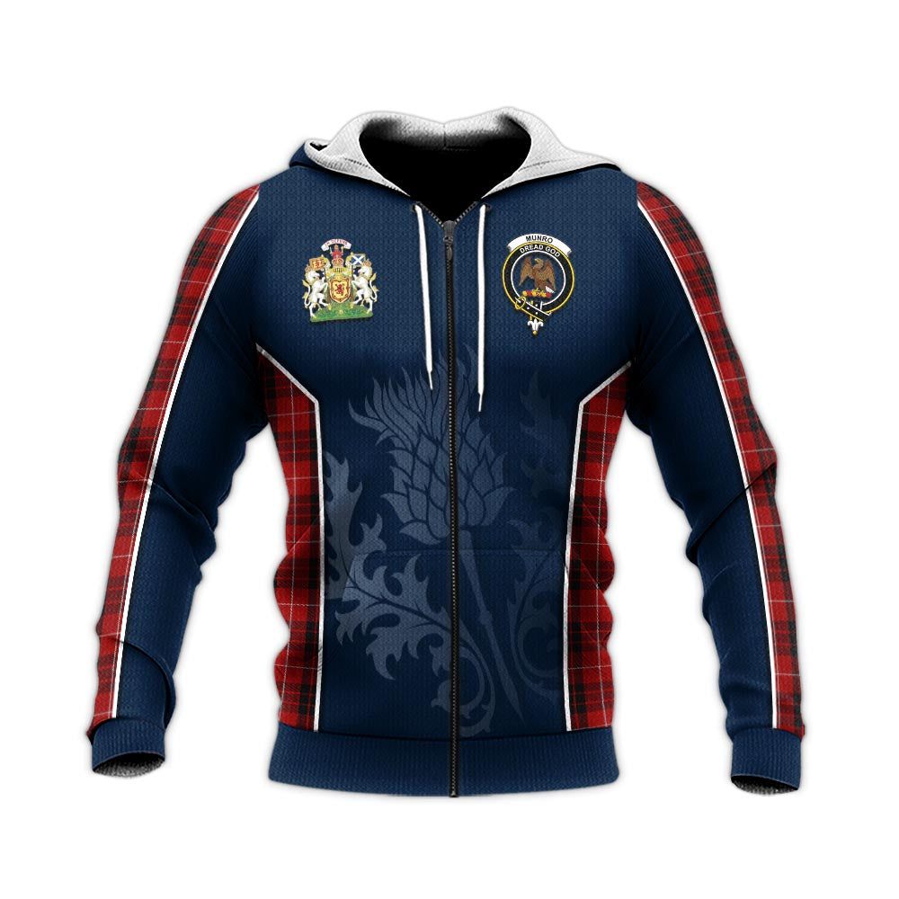 Tartan Vibes Clothing Munro Black and Red Tartan Knitted Hoodie with Family Crest and Scottish Thistle Vibes Sport Style