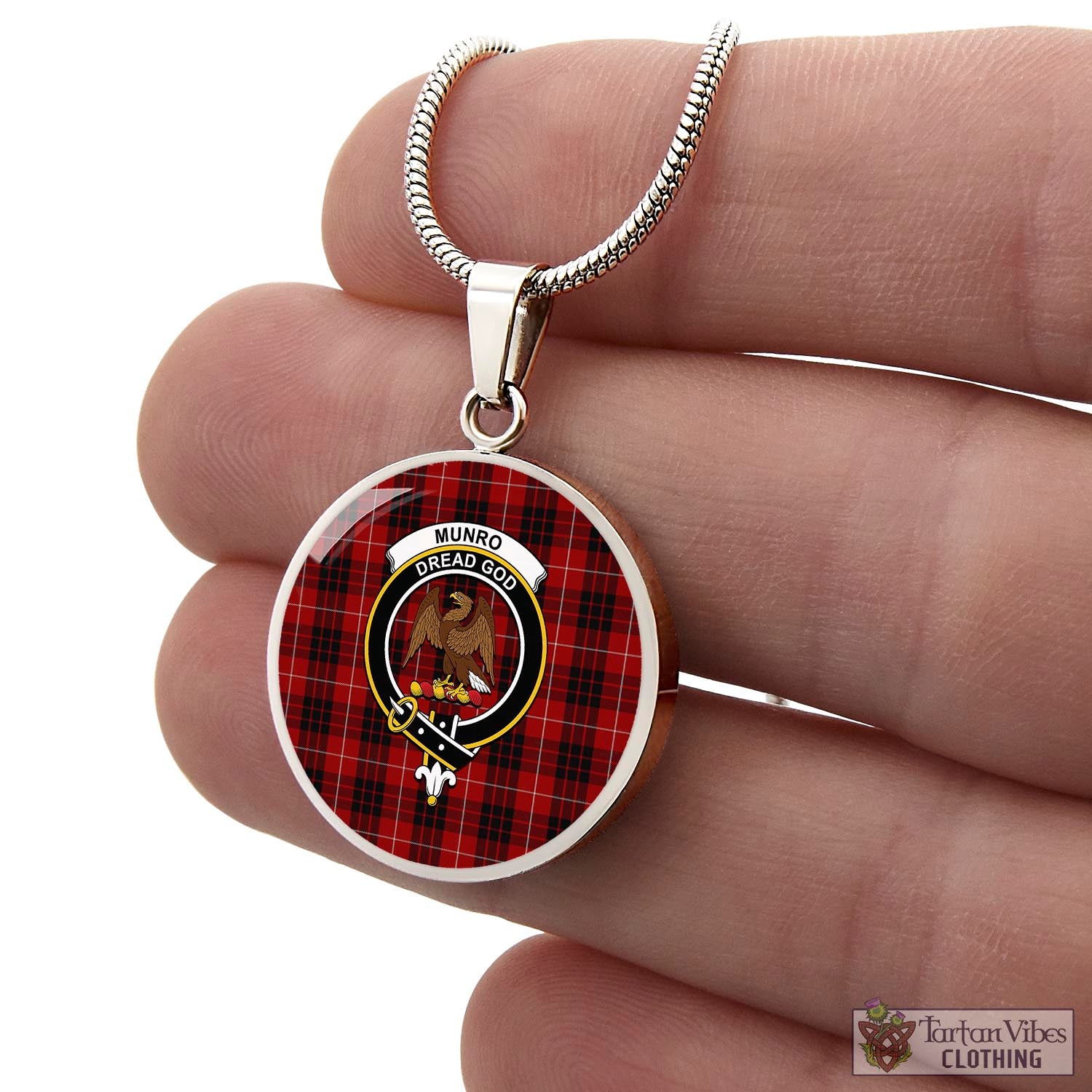 Tartan Vibes Clothing Munro Black and Red Tartan Circle Necklace with Family Crest