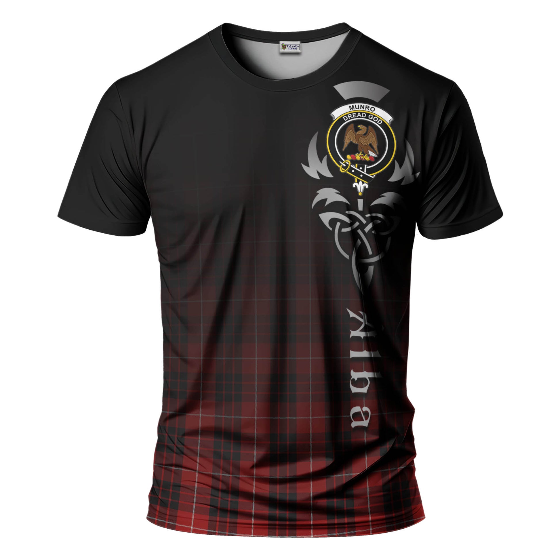 Tartan Vibes Clothing Munro Black and Red Tartan T-Shirt Featuring Alba Gu Brath Family Crest Celtic Inspired