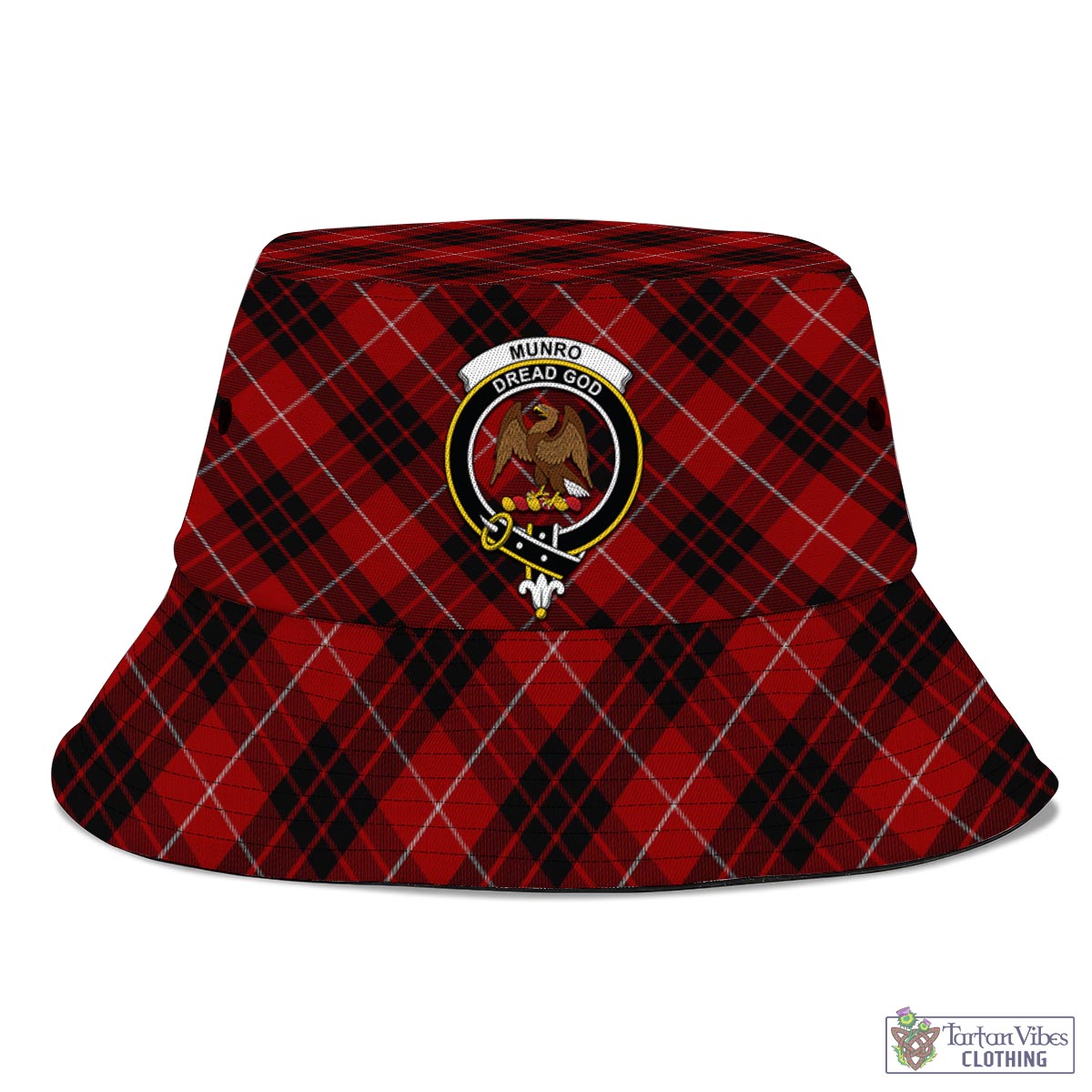 Tartan Vibes Clothing Munro Black and Red Tartan Bucket Hat with Family Crest