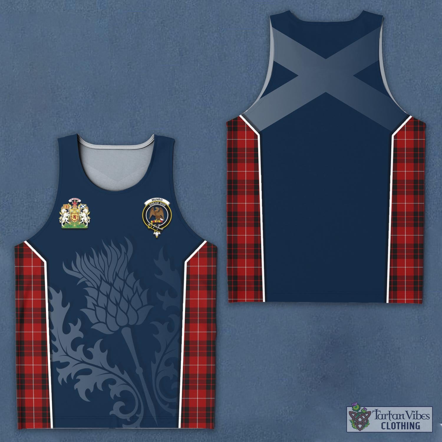 Tartan Vibes Clothing Munro Black and Red Tartan Men's Tanks Top with Family Crest and Scottish Thistle Vibes Sport Style