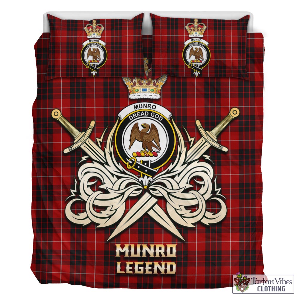 Tartan Vibes Clothing Munro Black and Red Tartan Bedding Set with Clan Crest and the Golden Sword of Courageous Legacy