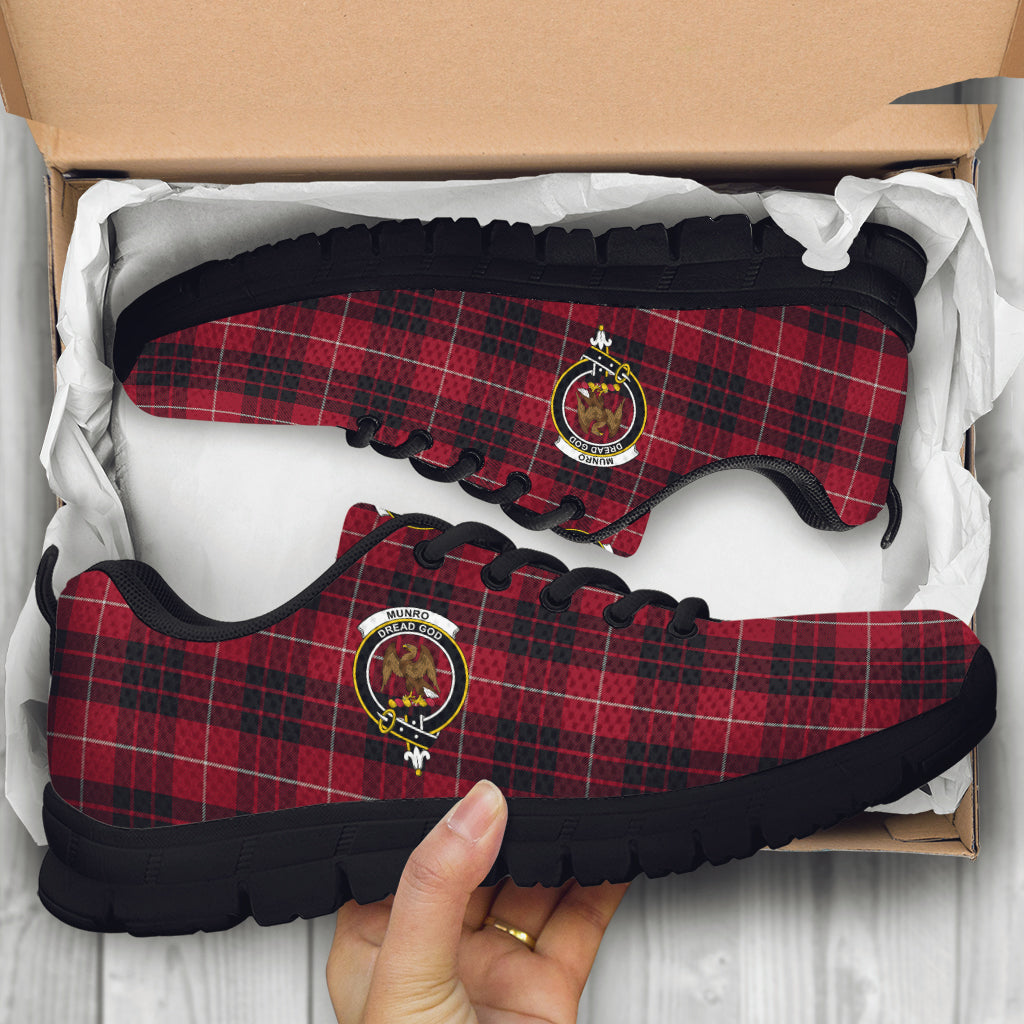 Munro Black and Red Tartan Sneakers with Family Crest - Tartan Vibes Clothing