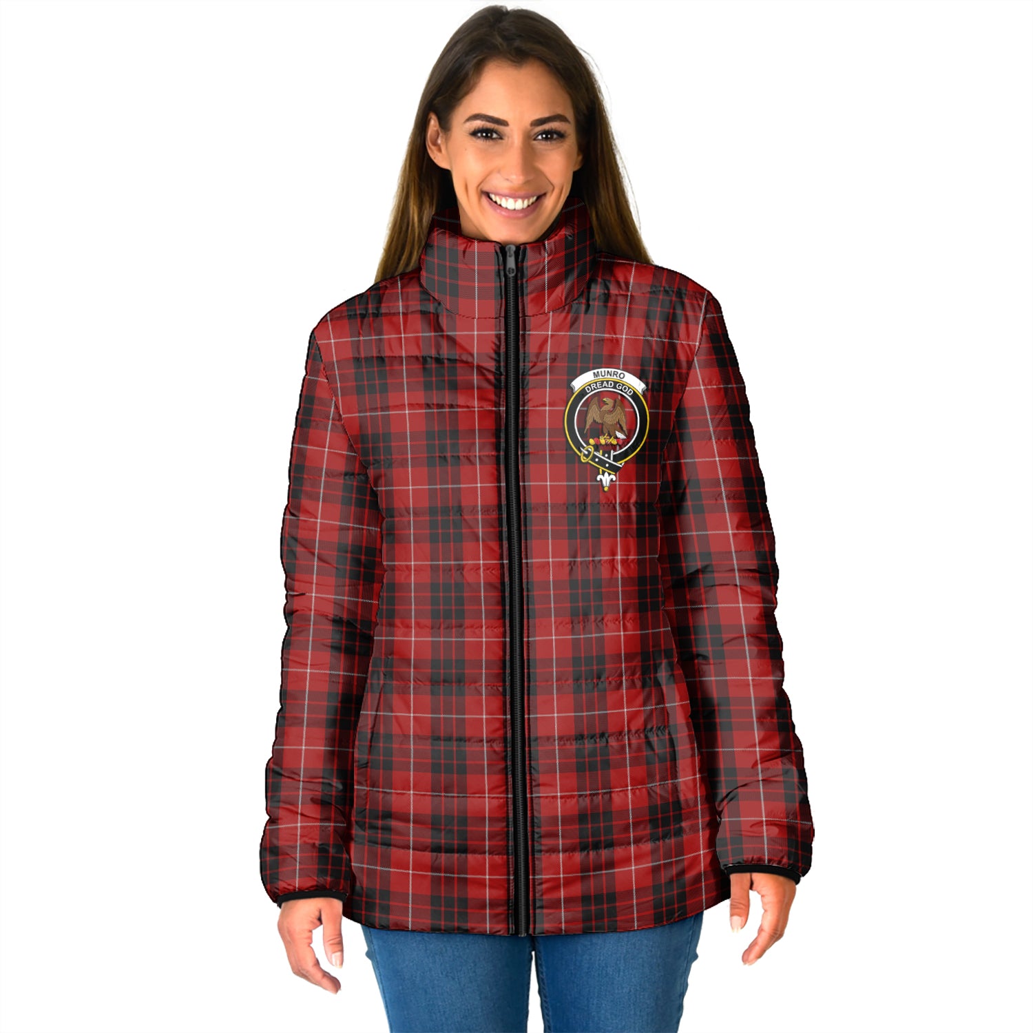 Munro Black and Red Tartan Padded Jacket with Family Crest - Tartan Vibes Clothing