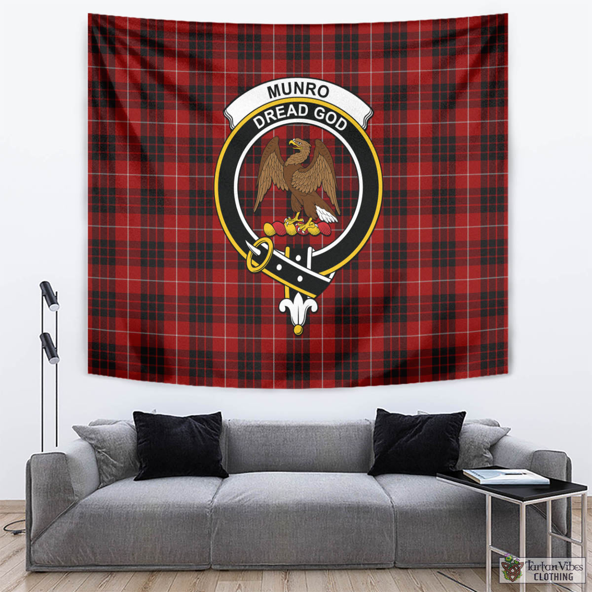 Tartan Vibes Clothing Munro Black and Red Tartan Tapestry Wall Hanging and Home Decor for Room with Family Crest