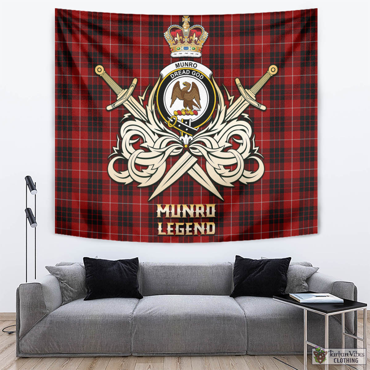 Tartan Vibes Clothing Munro Black and Red Tartan Tapestry with Clan Crest and the Golden Sword of Courageous Legacy