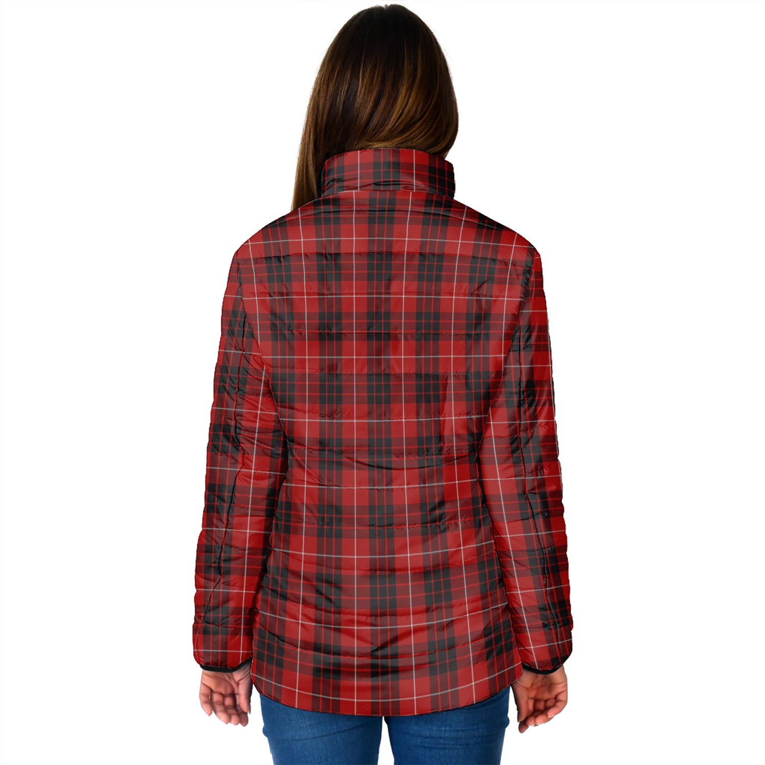 Munro Black and Red Tartan Padded Jacket with Family Crest - Tartan Vibes Clothing