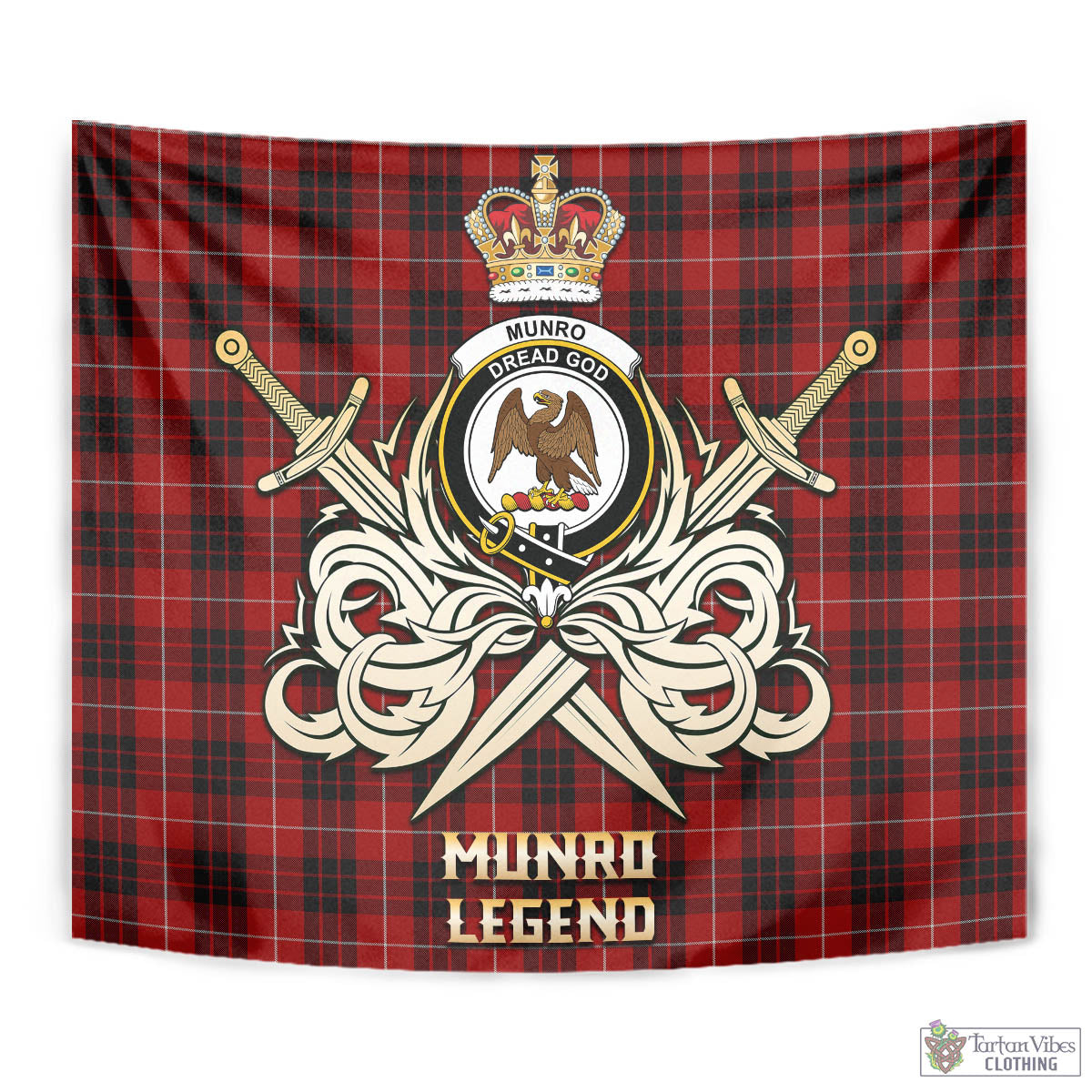 Tartan Vibes Clothing Munro Black and Red Tartan Tapestry with Clan Crest and the Golden Sword of Courageous Legacy