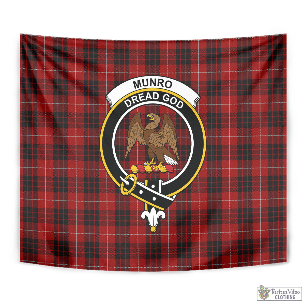 Tartan Vibes Clothing Munro Black and Red Tartan Tapestry Wall Hanging and Home Decor for Room with Family Crest